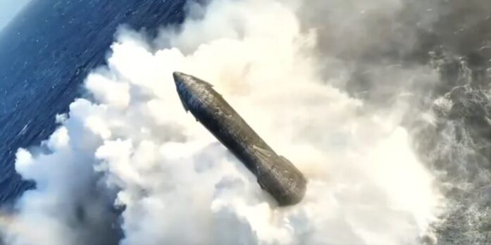 Splash A top-down aerial drone view of SpaceX's Starship upper stage floating intact in the middle of the dark blue ocean, surrounded by a large ring of white foam and steam generated during its soft splashdown.